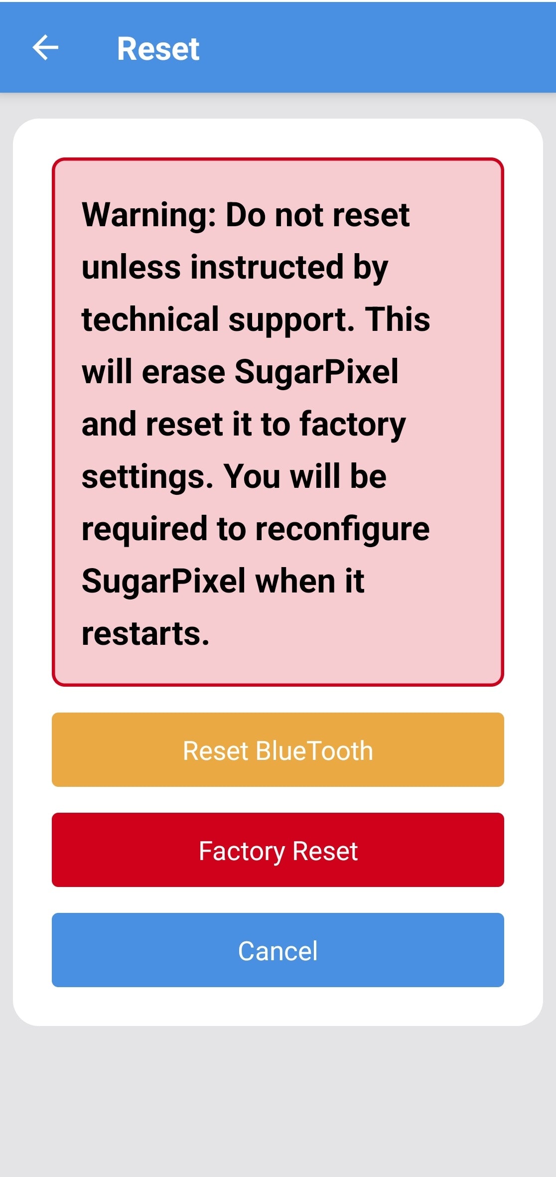 Factory reset menu