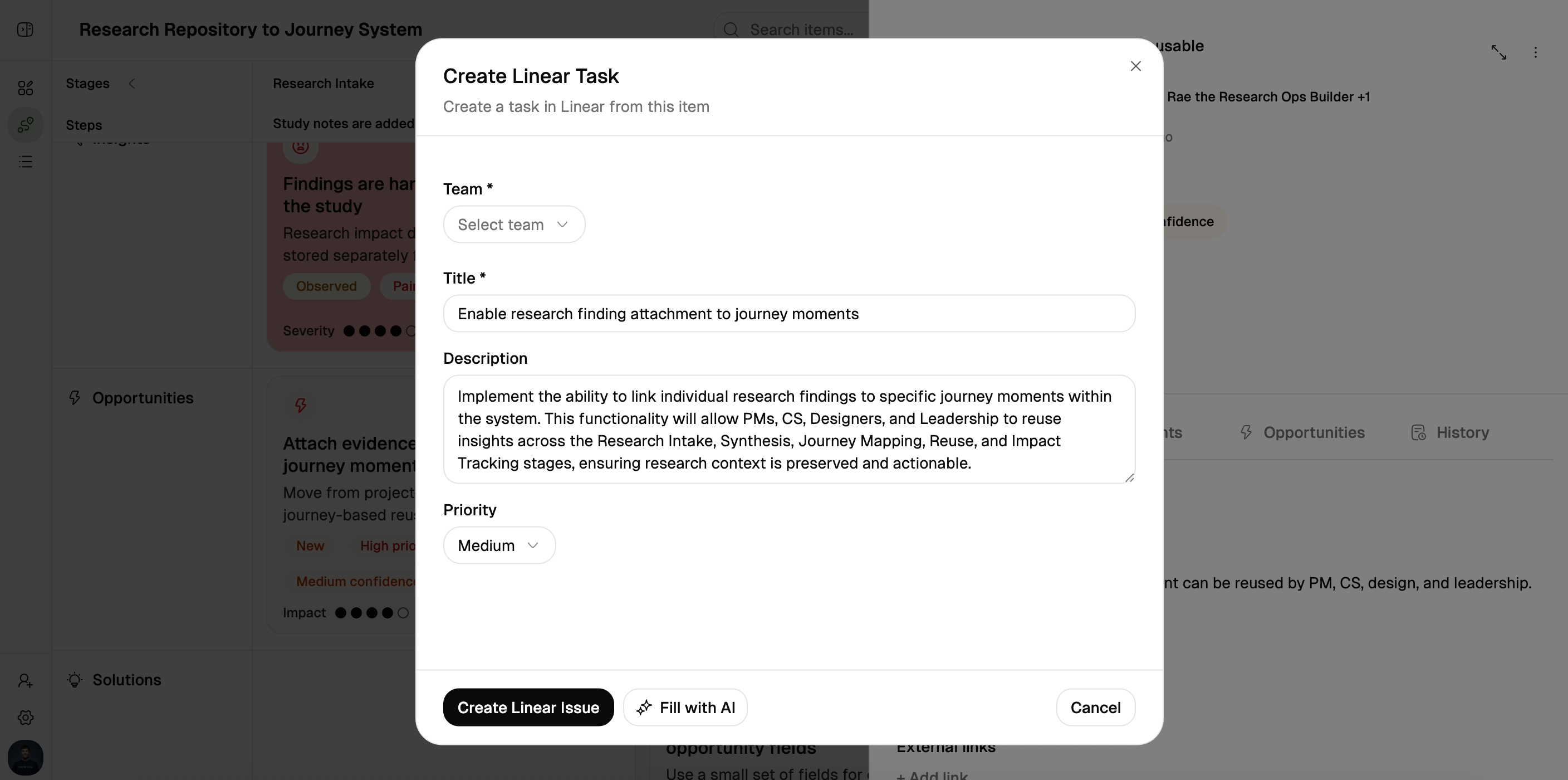 Custory external task creation dialog in light mode