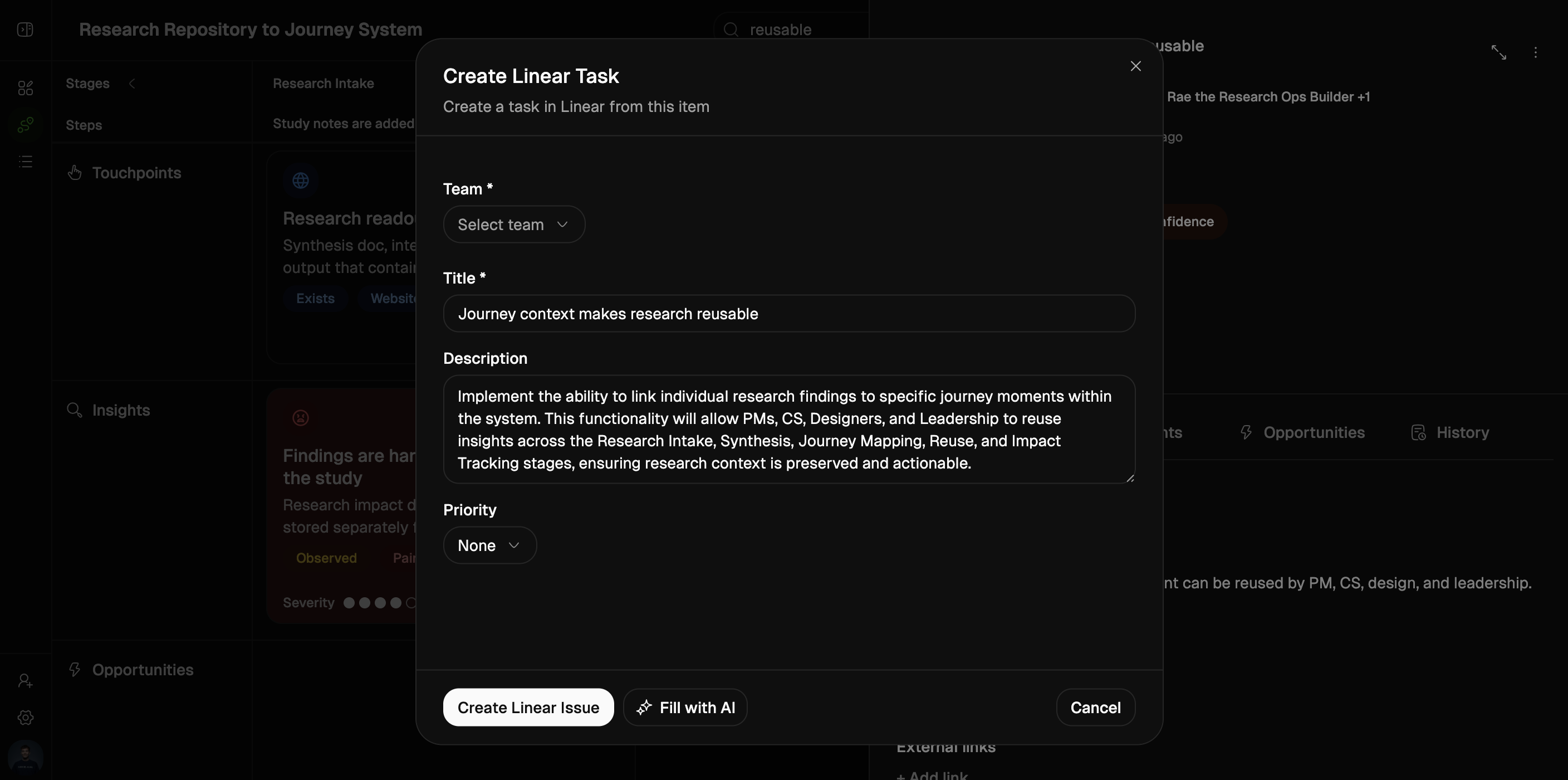 Custory external task creation dialog in dark mode