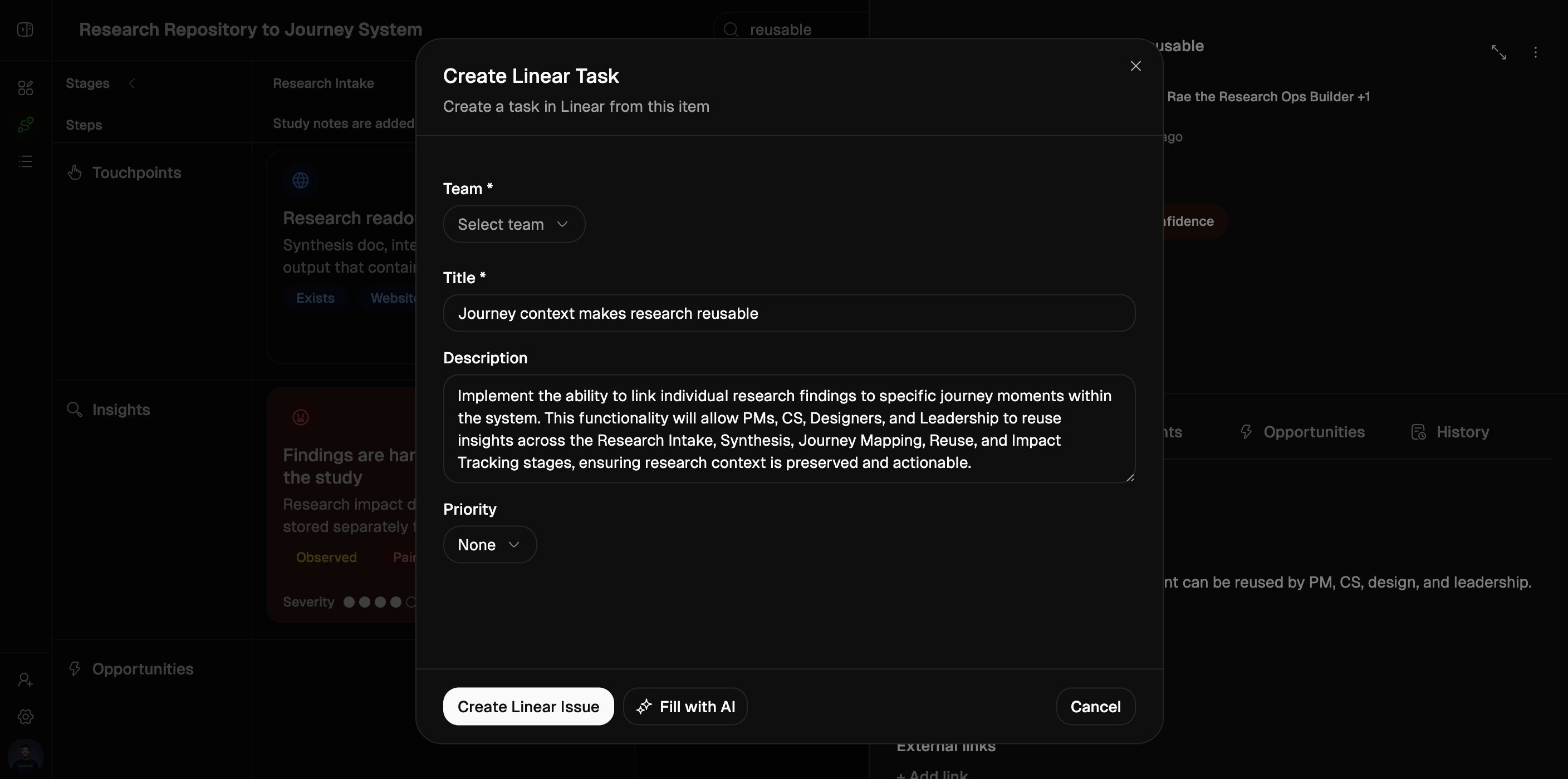 Custory external task creation dialog in dark mode