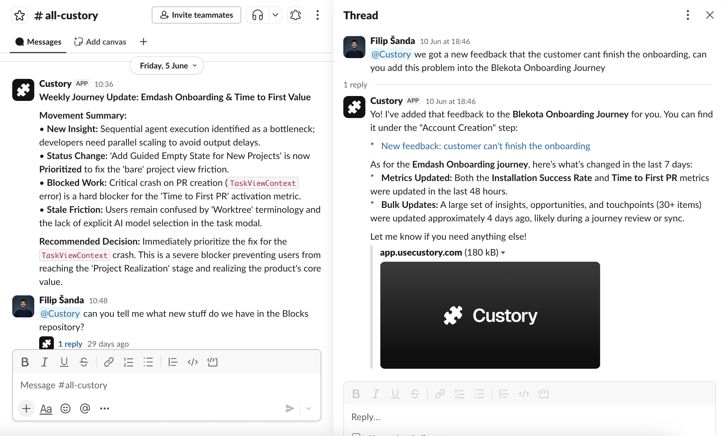 Custory responding in a Slack thread in light mode