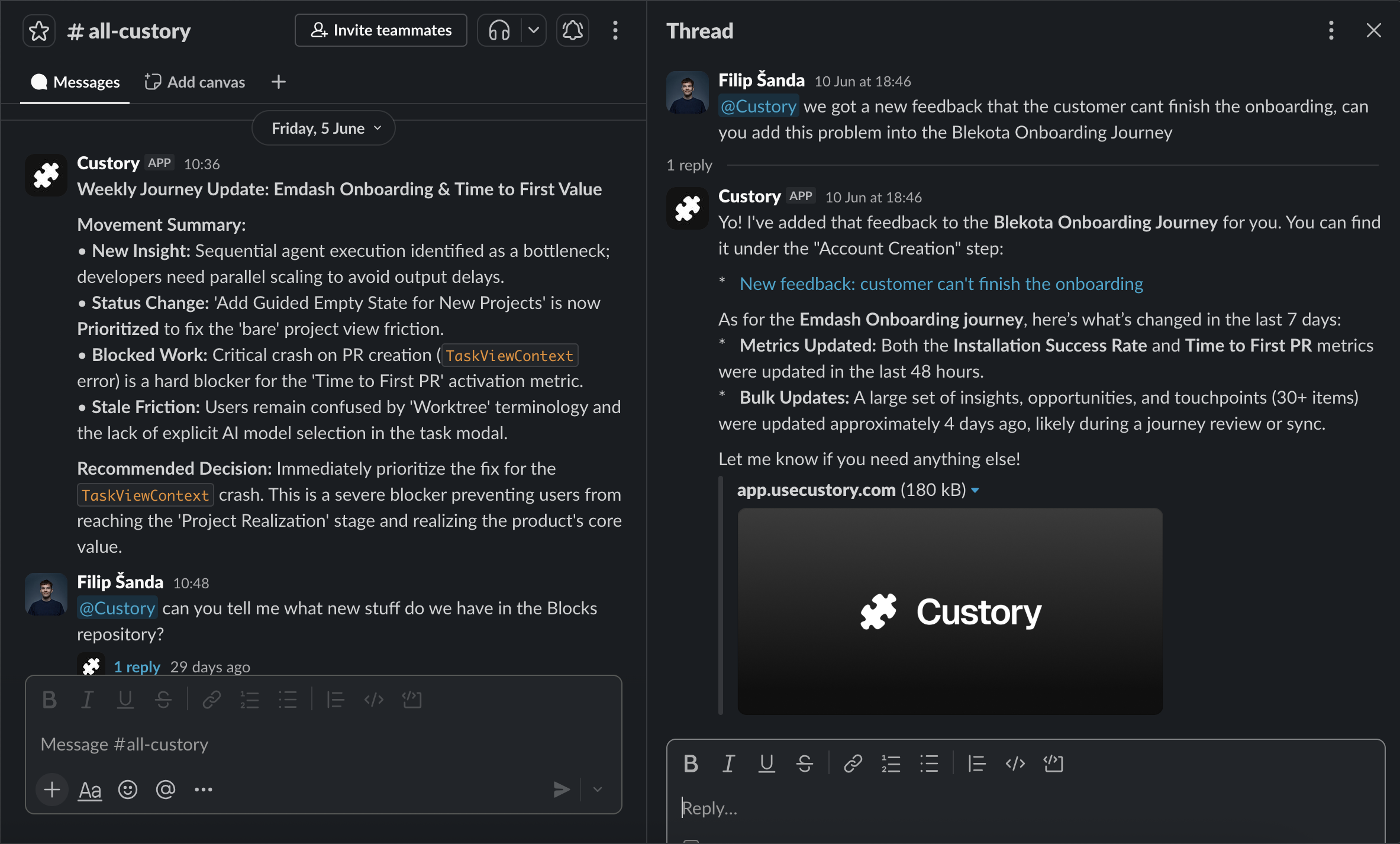 Custory responding in a Slack thread in dark mode