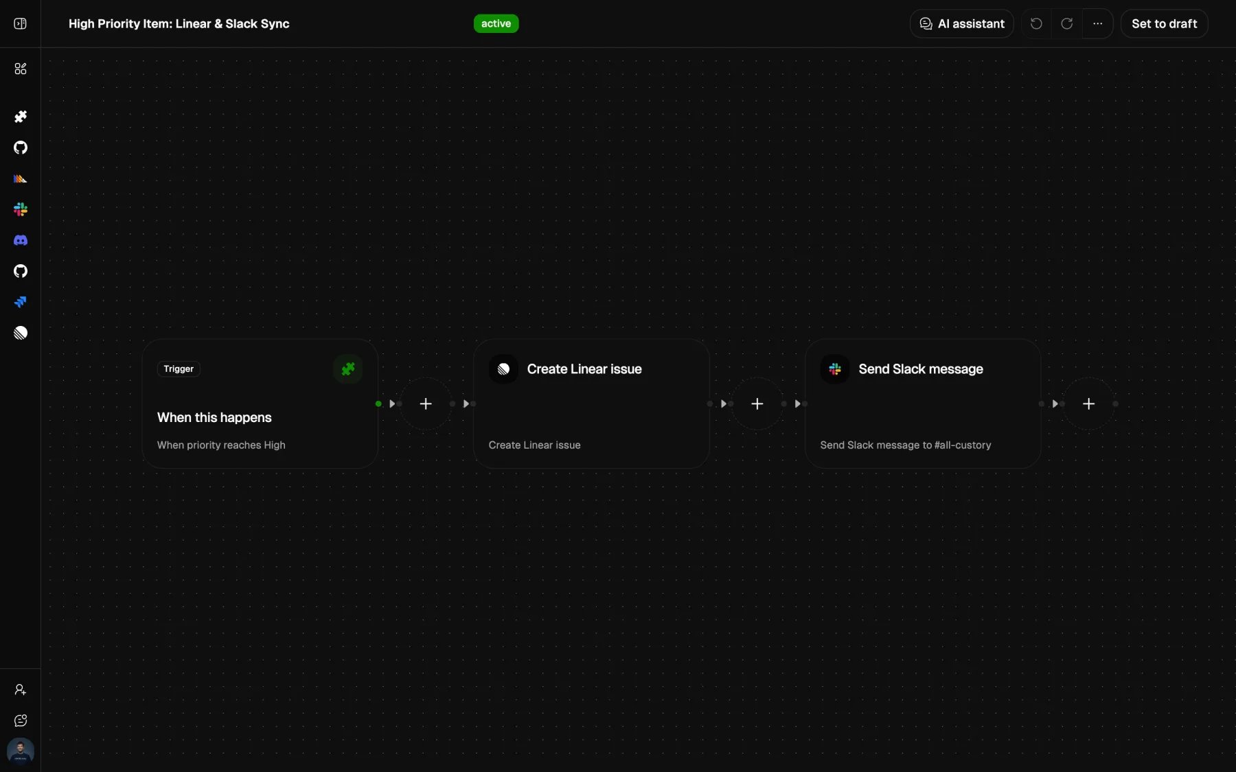 Custory automation builder in dark mode