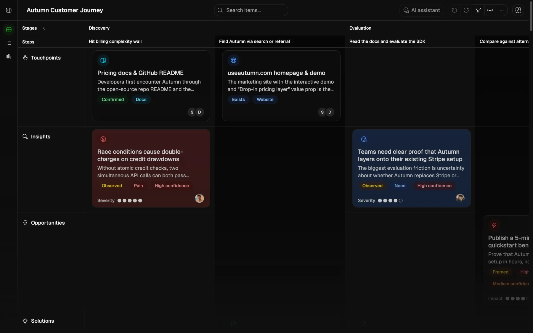 Custory journey map with stages and items in dark mode