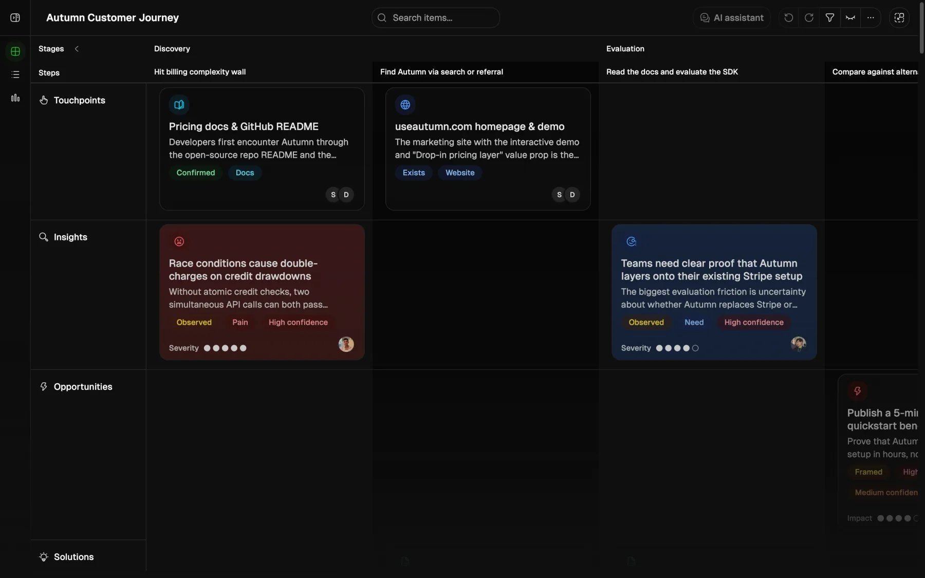 Custory journey map with stages and items in dark mode
