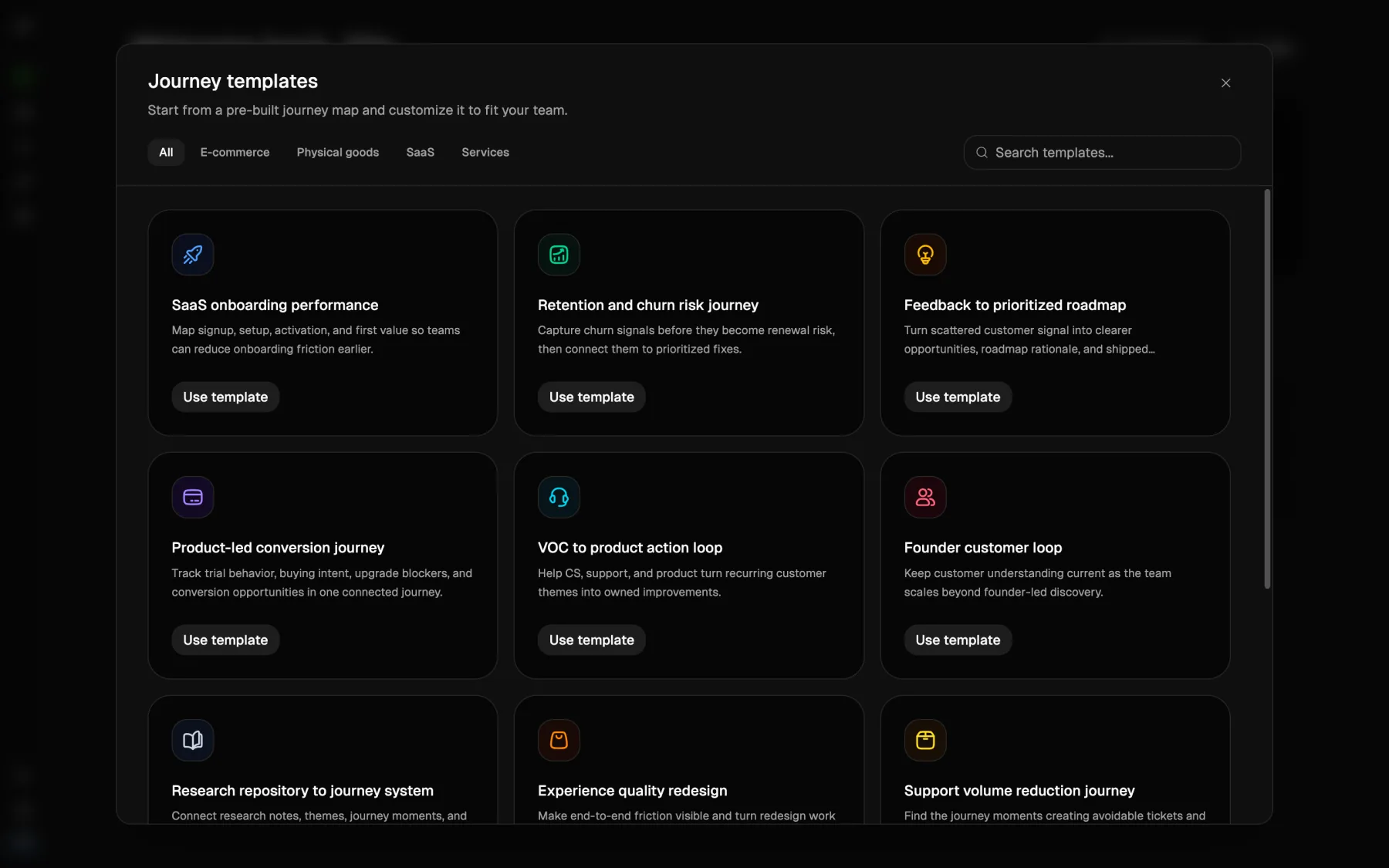 Custory journey templates in dark mode