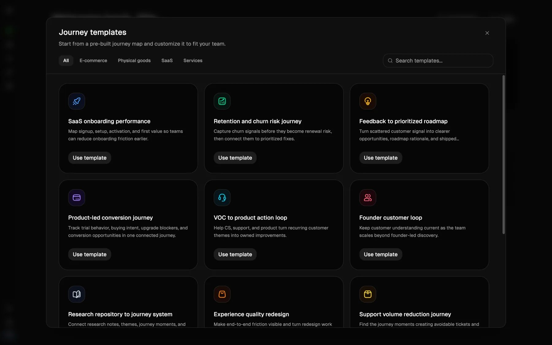Custory journey templates in dark mode
