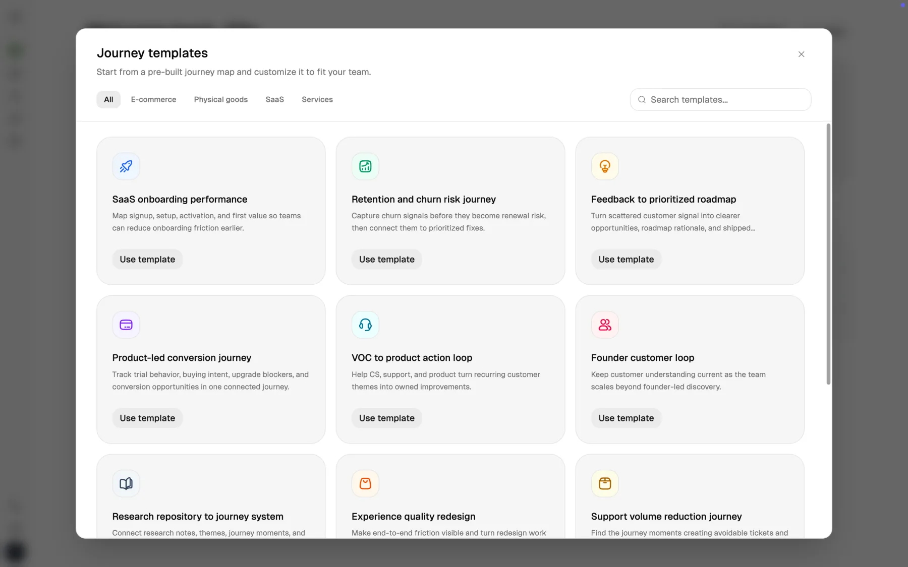Custory journey templates in light mode