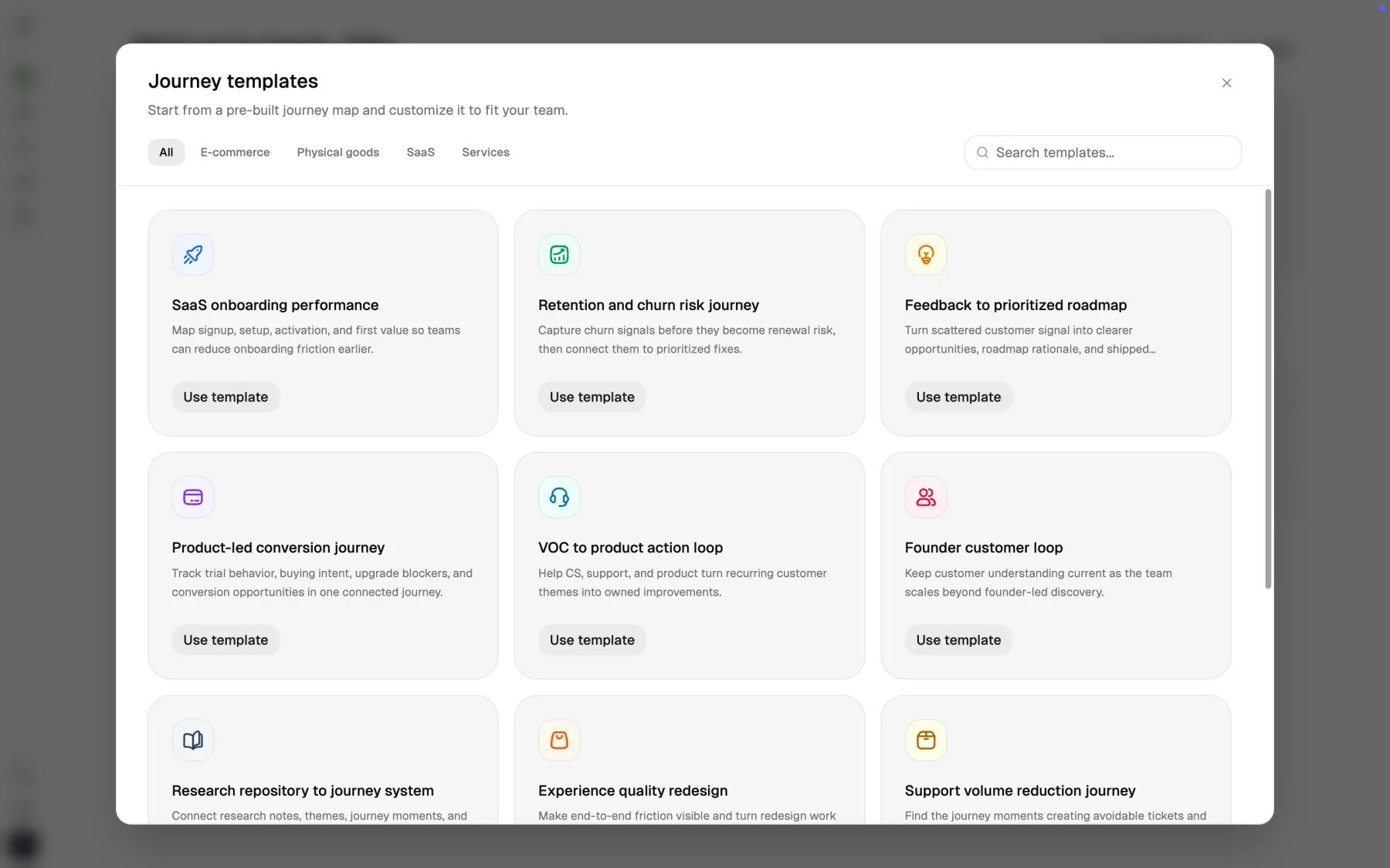 Custory journey templates in light mode