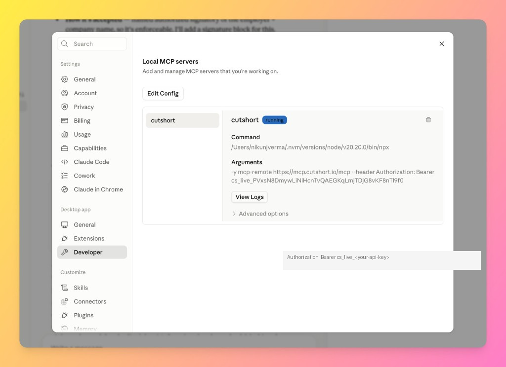 Claude Desktop Developer settings showing the cutshort local MCP server running with npx mcp-remote configuration