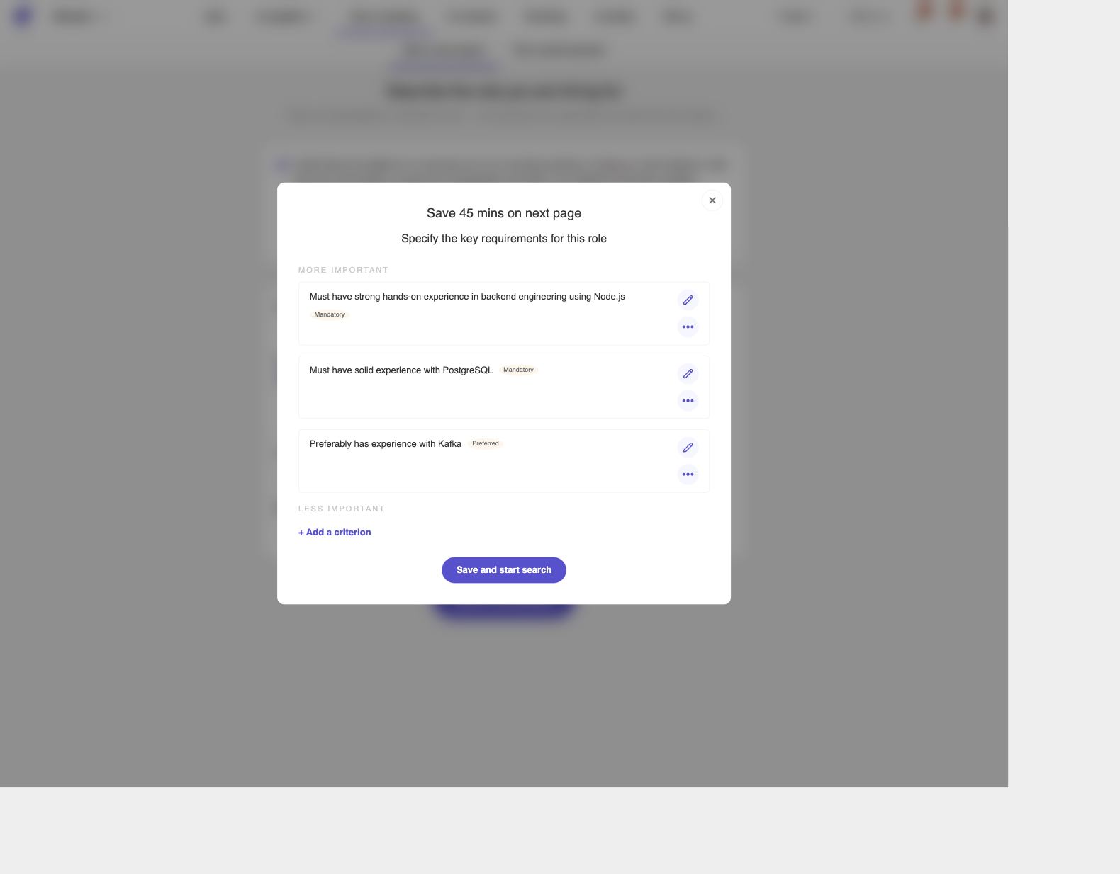 Key requirements modal with mandatory and preferred criteria, plus Add a criterion