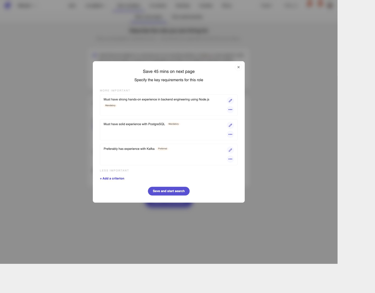 Key requirements modal with mandatory and preferred criteria, plus Add a criterion