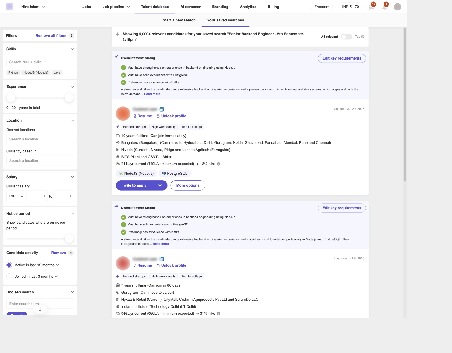 Candidate search results with Skills, Experience, Location, Salary, Notice period, and Boolean search filters