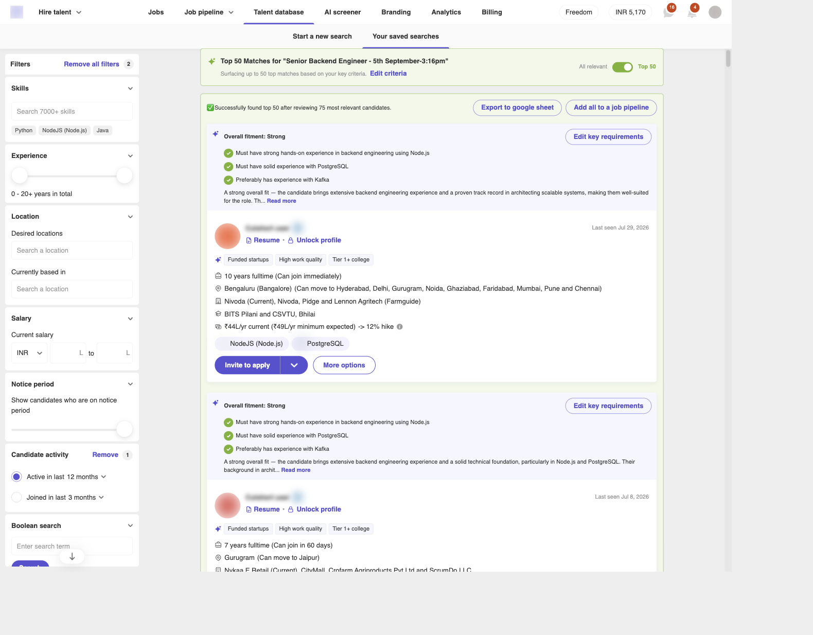 Top 50 on, with Export to google sheet and Add all to a job pipeline