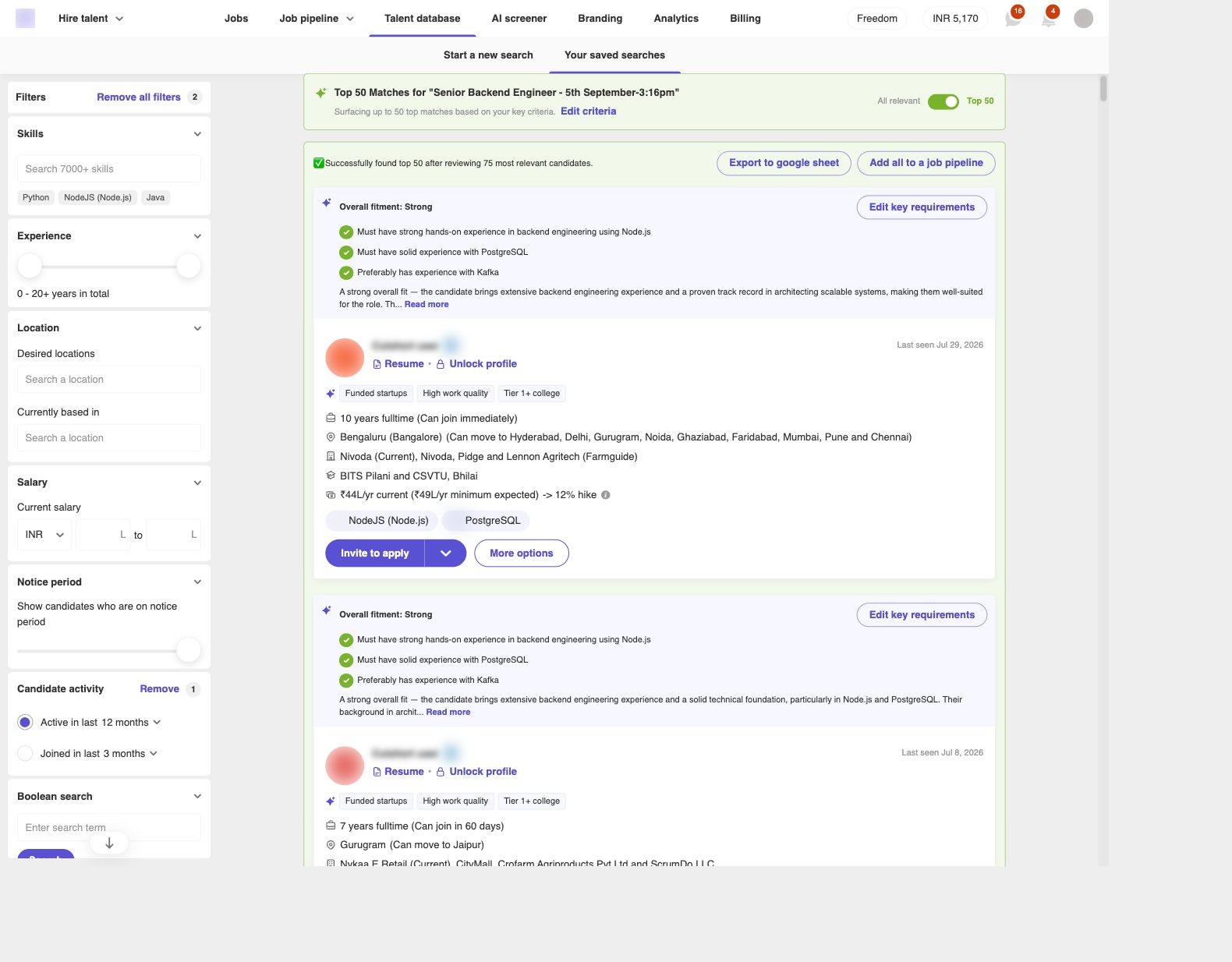 Top 50 on, with Export to google sheet and Add all to a job pipeline