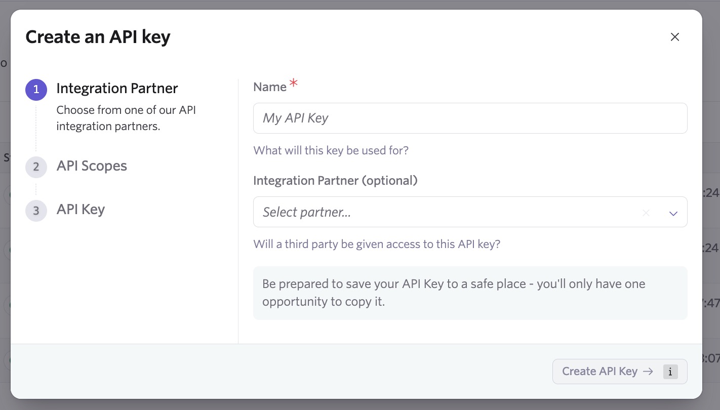 Ashby create-an-API-key wizard from Ashby’s API key guide