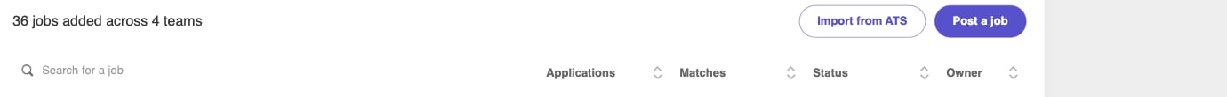 Jobs page with Import from ATS next to Post a job