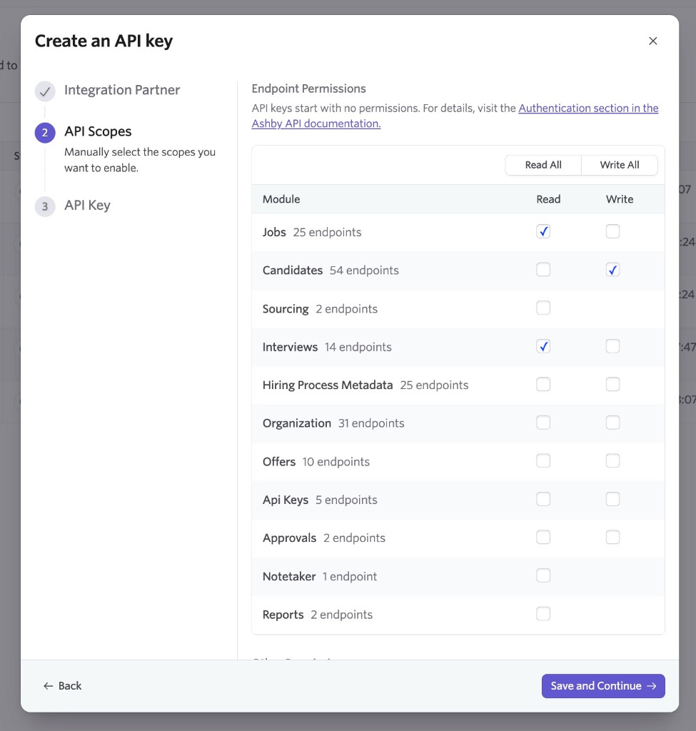 Ashby API Scopes with Jobs Read, Interviews Read, and Candidates Write selected