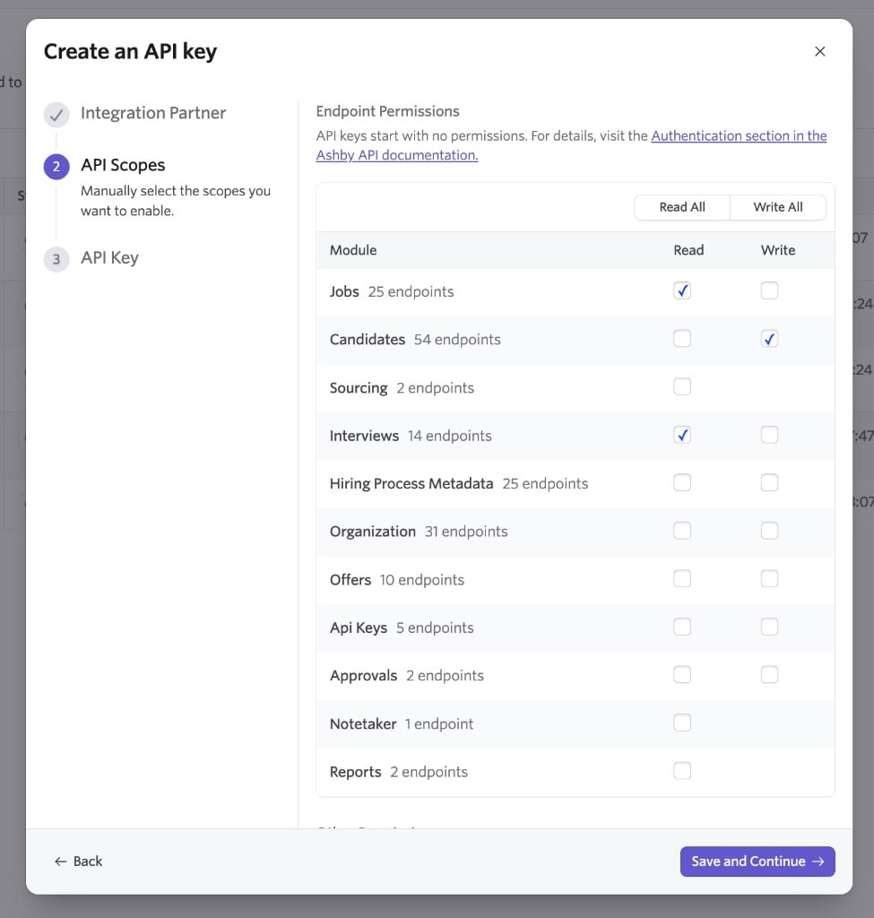 Ashby API Scopes with Jobs Read, Interviews Read, and Candidates Write selected