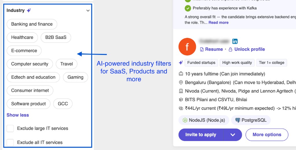 AI-powered industry filters for SaaS, products, and more, with tags on a candidate card