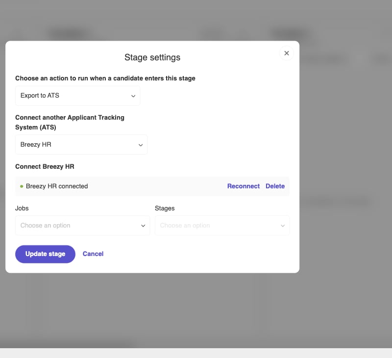 Stage settings with Export to ATS, Breezy HR connected, and Jobs and Stages
