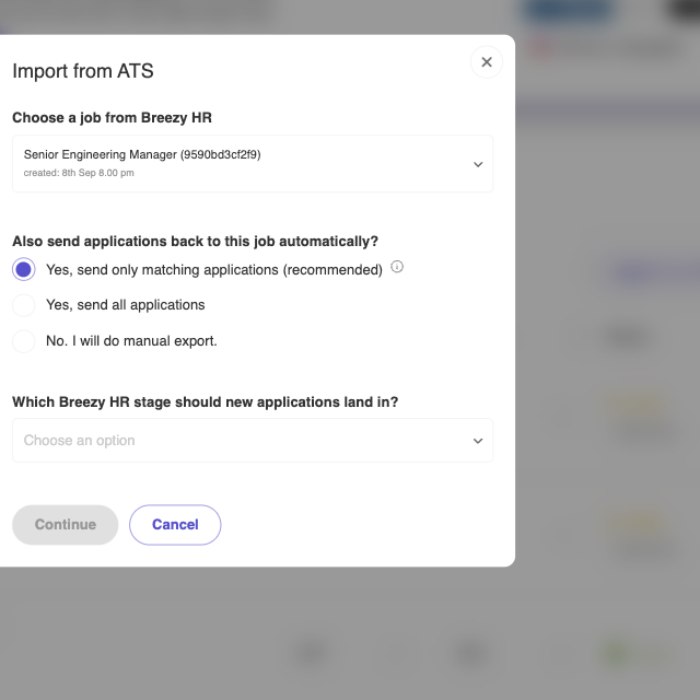 Import from ATS with a Breezy job selected and automatic export options