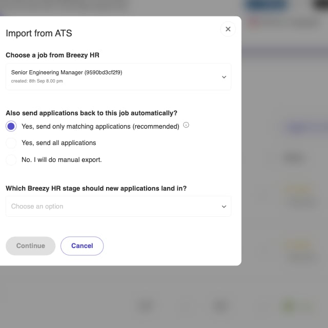 Import from ATS with a Breezy job selected and automatic export options