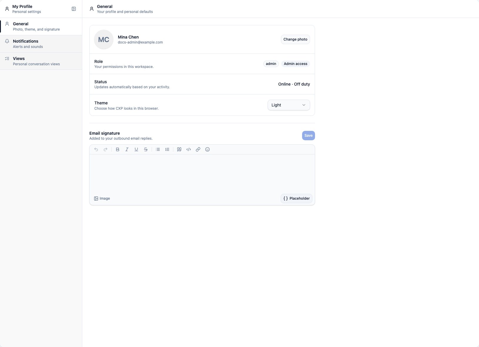 CXP My Profile General page with profile editing, photo, theme, and email signature controls