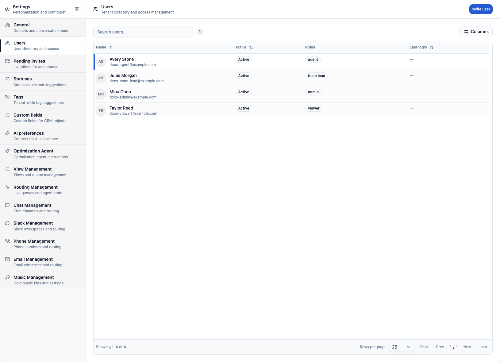 CXP Settings Users page showing seeded tenant users, active state, and roles
