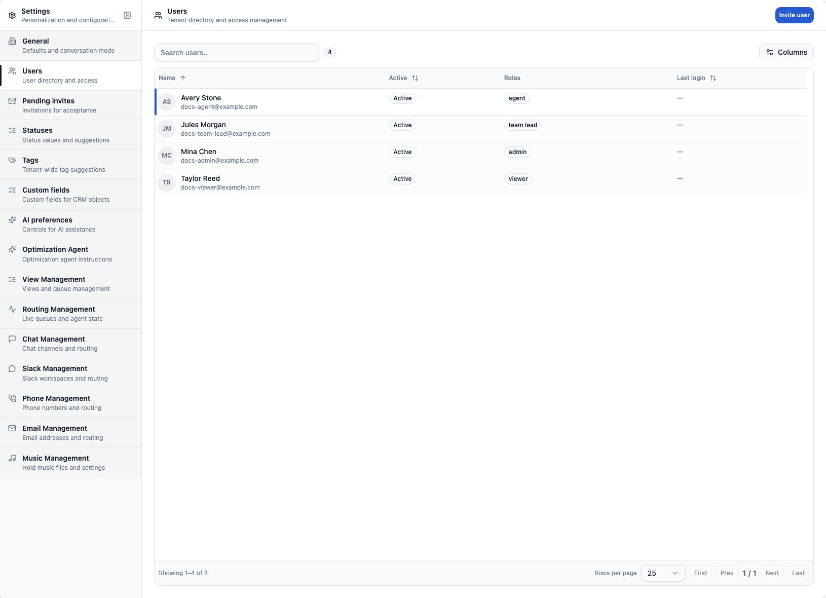 CXP Settings Users page showing seeded tenant users, active state, and roles