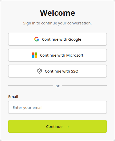 Chat sign-in popup with Google, Microsoft, corporate SSO and email options