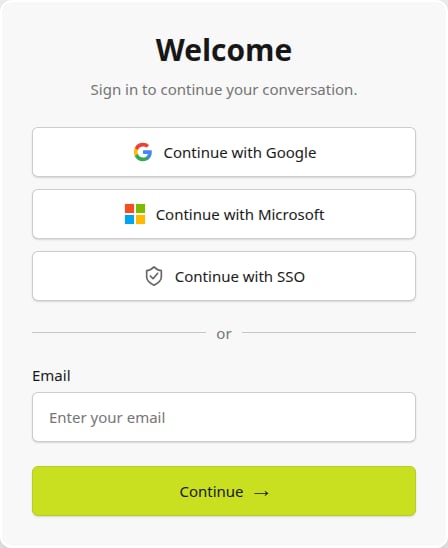 Chat sign-in popup with Google, Microsoft, corporate SSO and email options