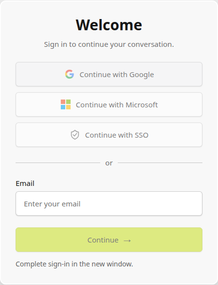 Welcome sign-in window waiting for authentication in a second provider window