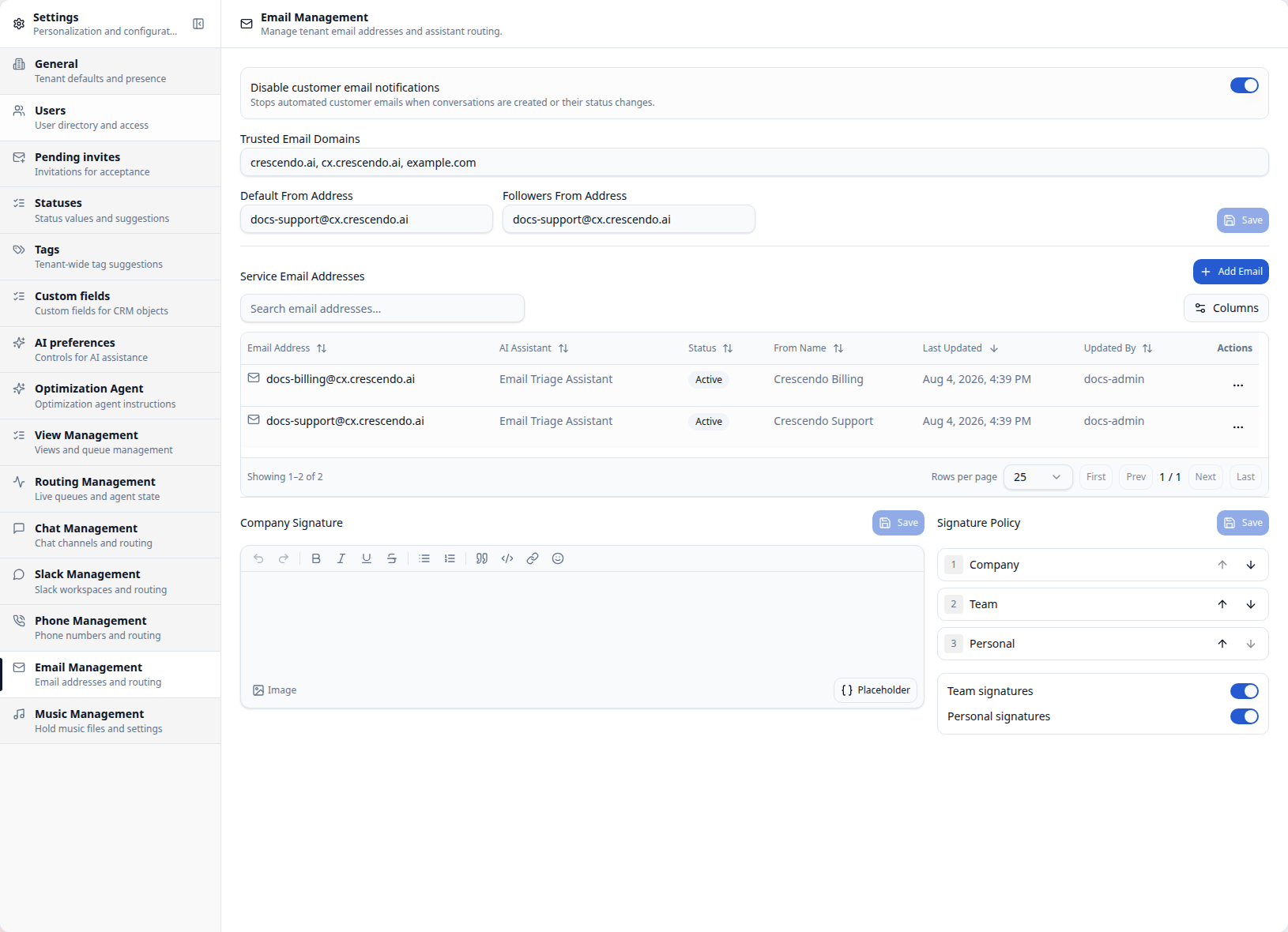 CXP Email Management settings showing service addresses, sender identity, and signature policy