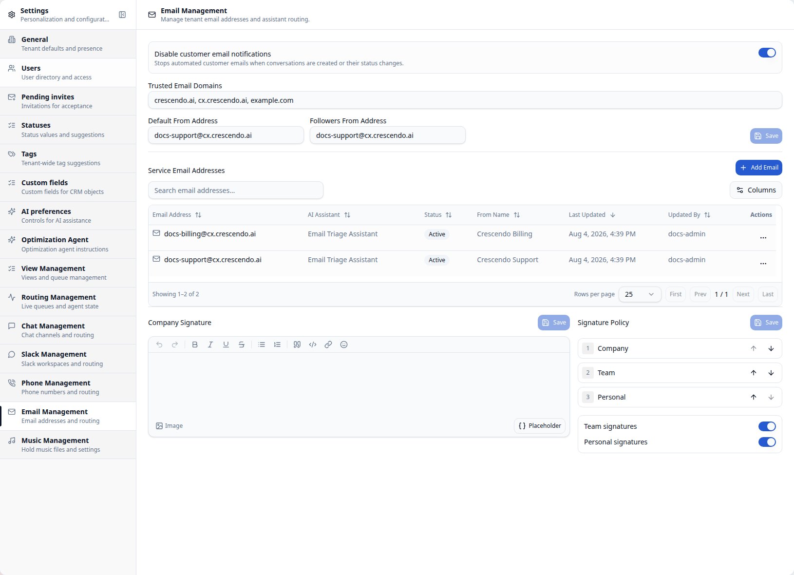 CXP Email Management settings showing service addresses, sender identity, and signature policy
