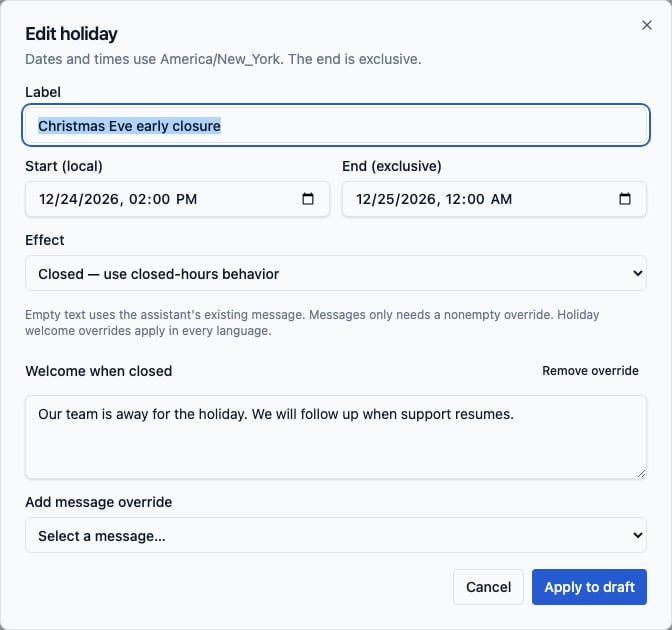 Holiday windows in a CXP Concierge Agent draft