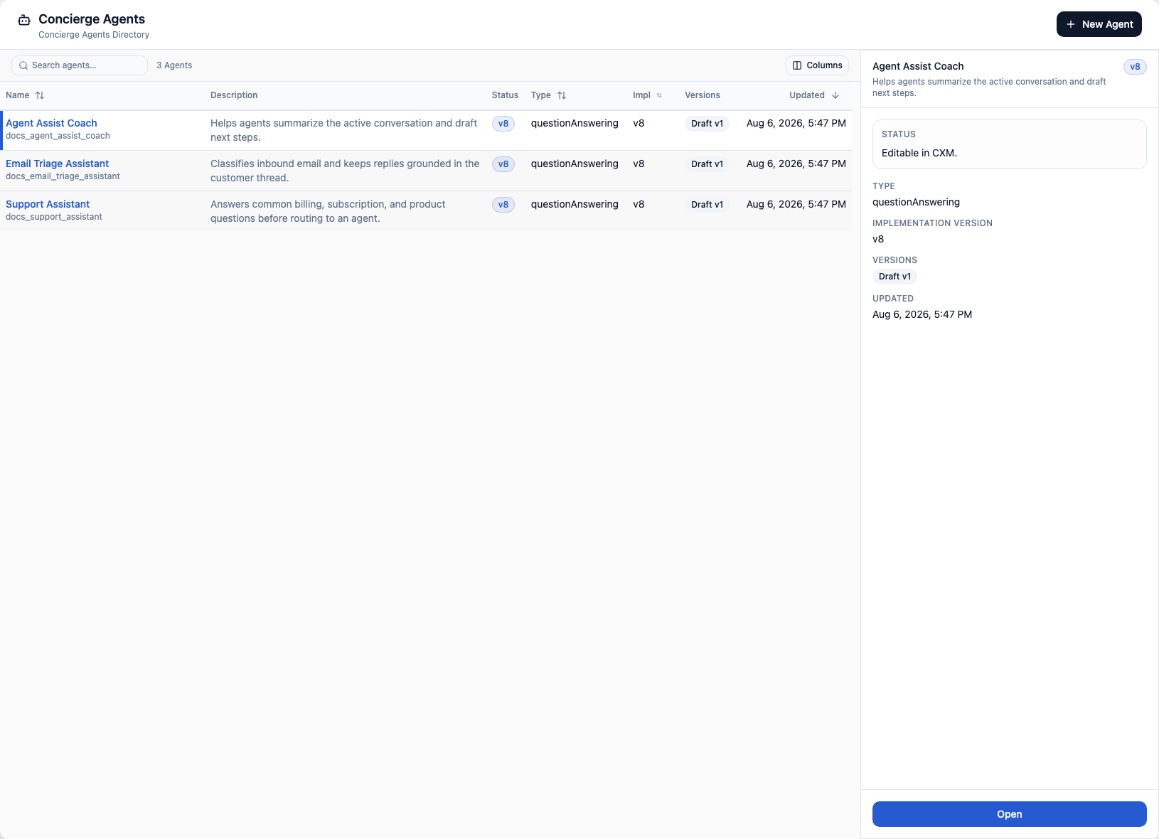 CXP Concierge Agents directory showing tenant agents, versions, and agent status