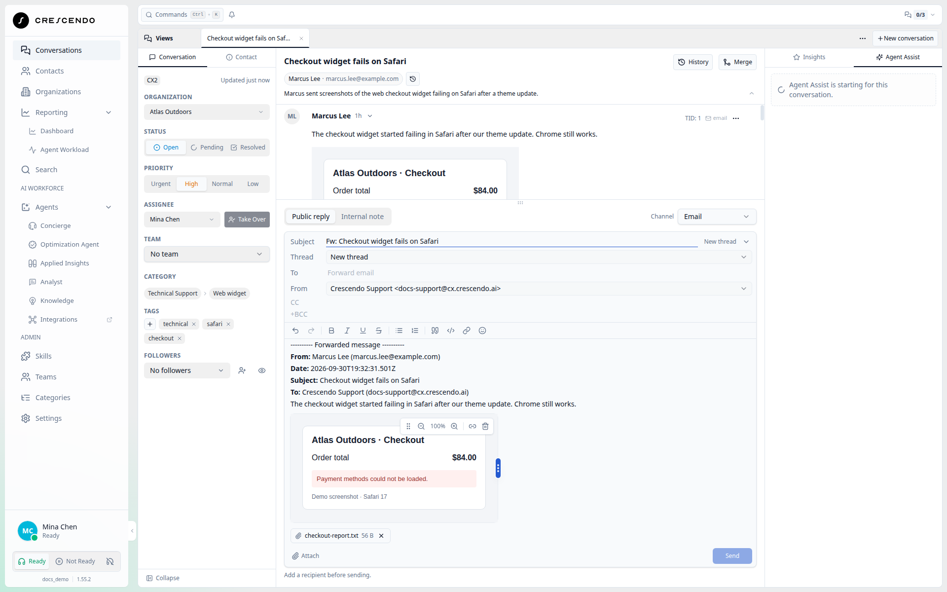 Forward editor with editable subject, blank recipients, copied files and an embedded image