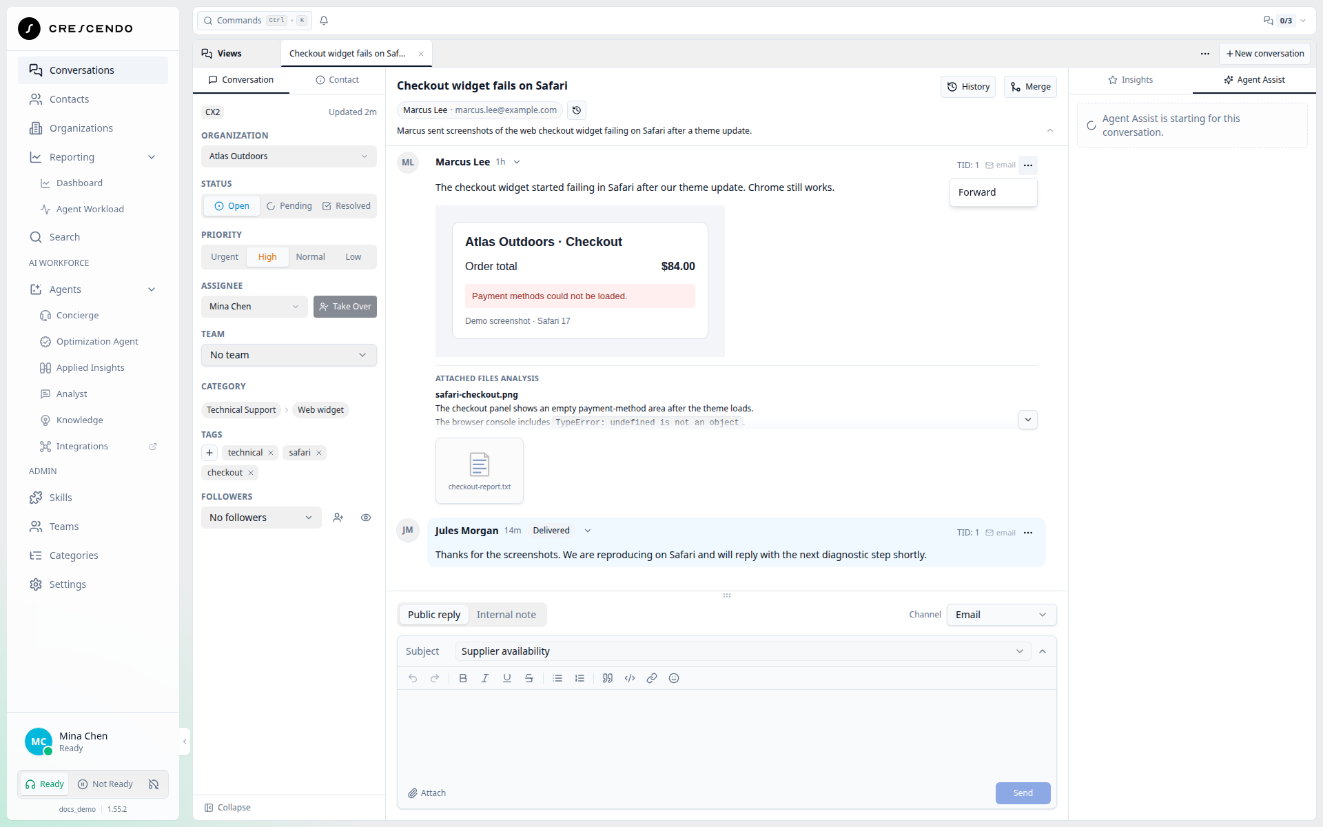 Email message menu with Forward
