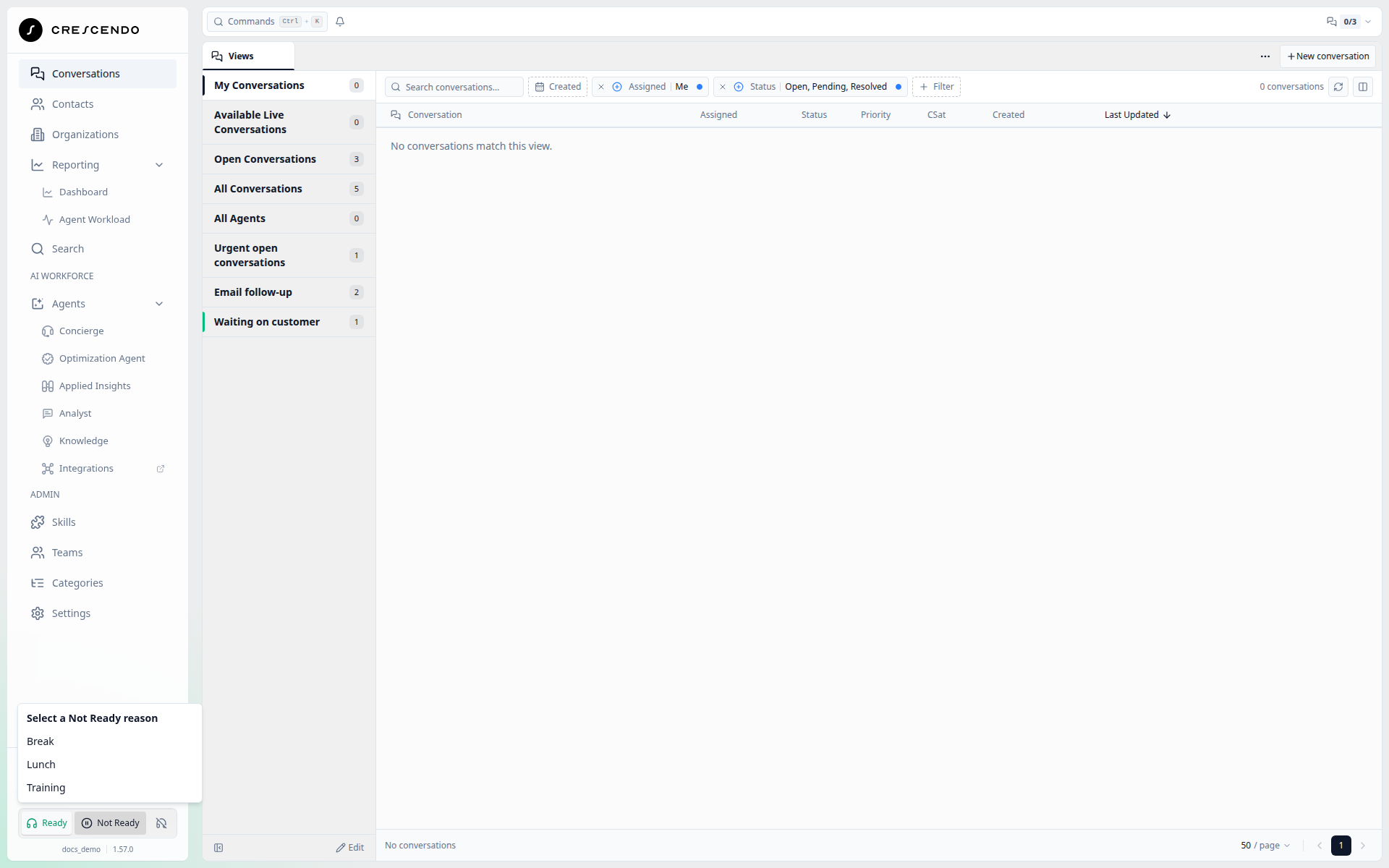 Not Ready menu above the sidebar status controls