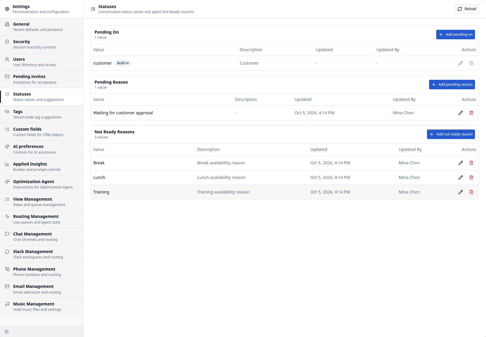 Not Ready Reasons table in Settings with Lunch and Break values