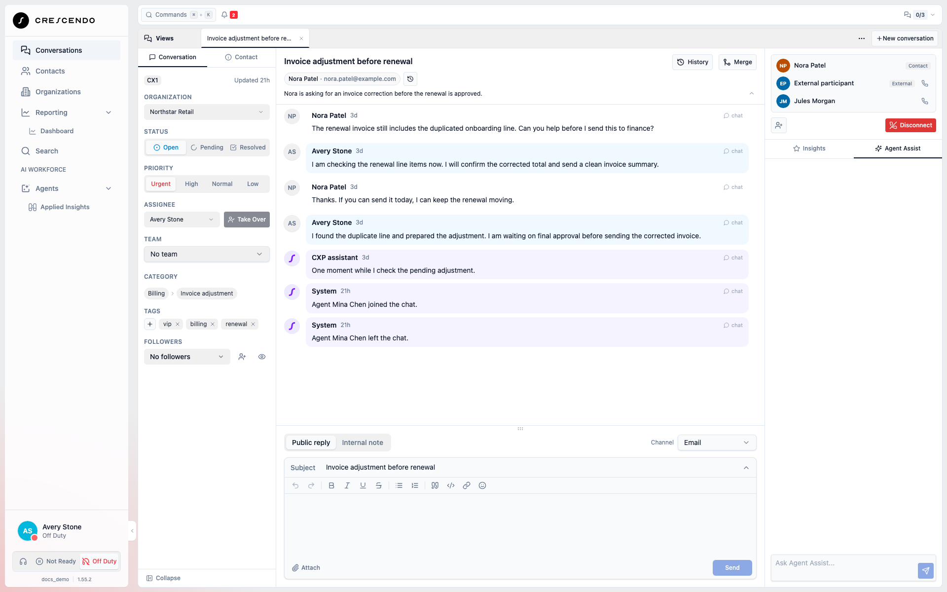 Customer has no Voice icon while the two remaining Conference participants show connected Voice