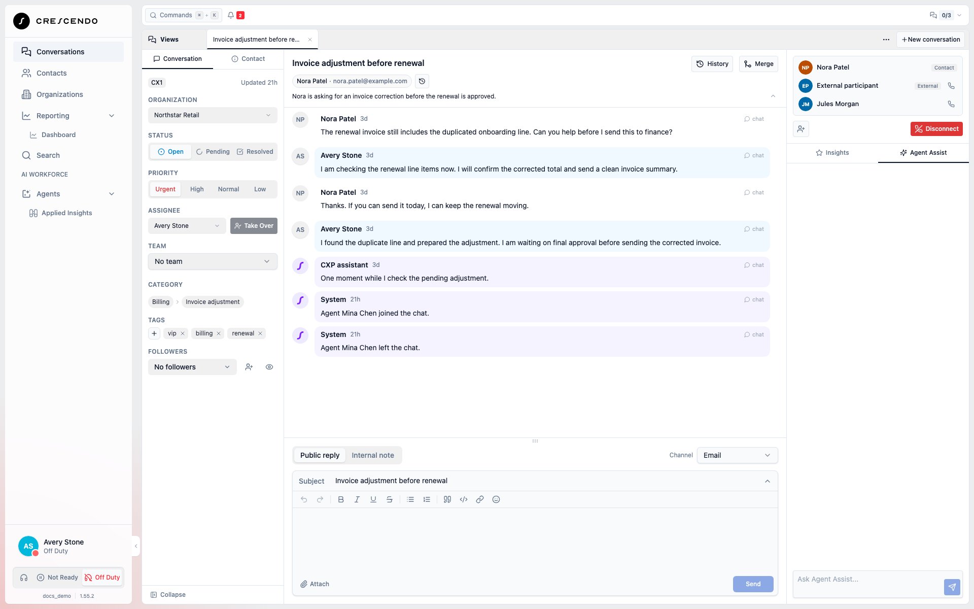 Customer has no Voice icon while the two remaining Conference participants show connected Voice