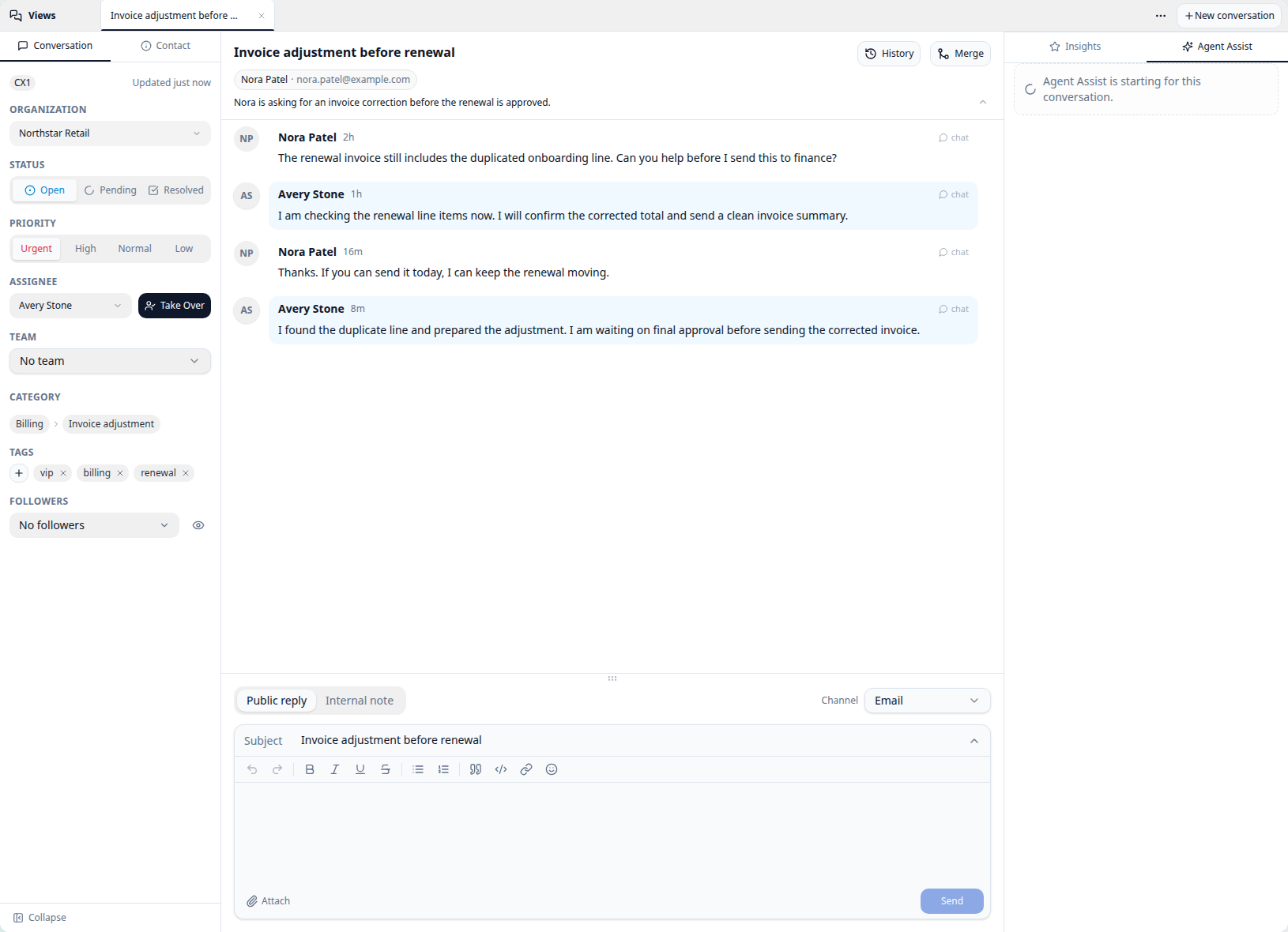 CXP conversation detail with status, priority, timeline, composer, and Agent Assist rail
