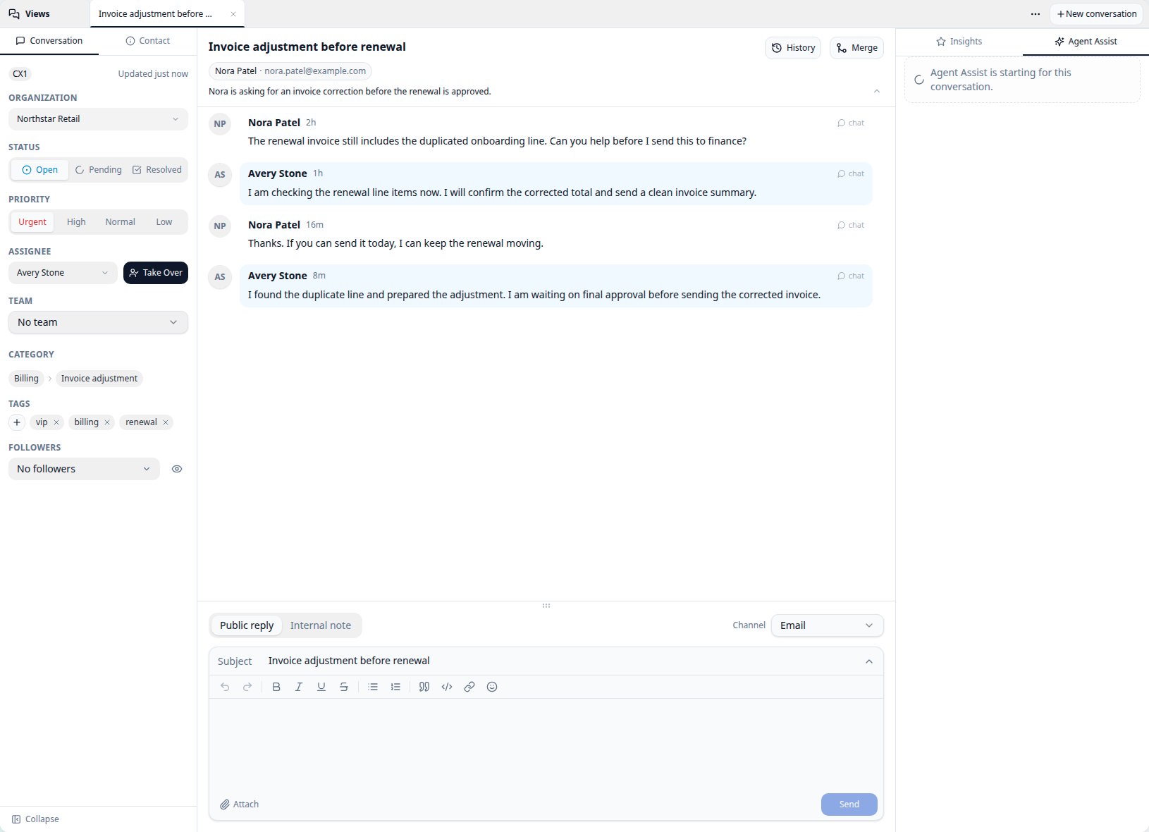CXP conversation detail with status, priority, timeline, composer, and Agent Assist rail