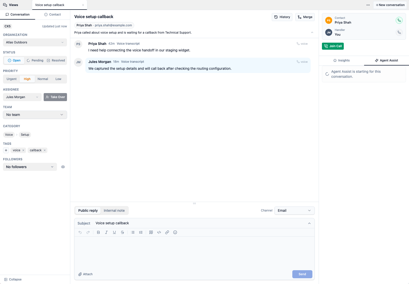 CXP voice conversation with the Realtime media panel and Join Call control