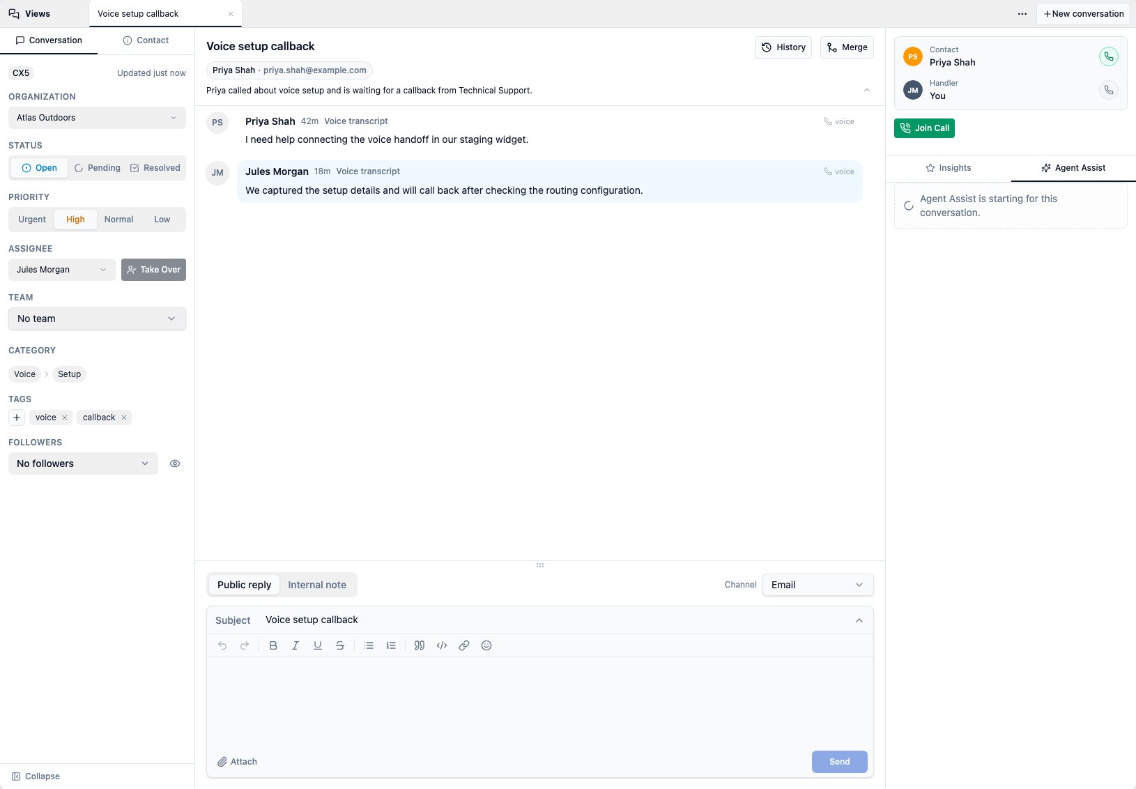CXP voice conversation with the Realtime media panel and Join Call control