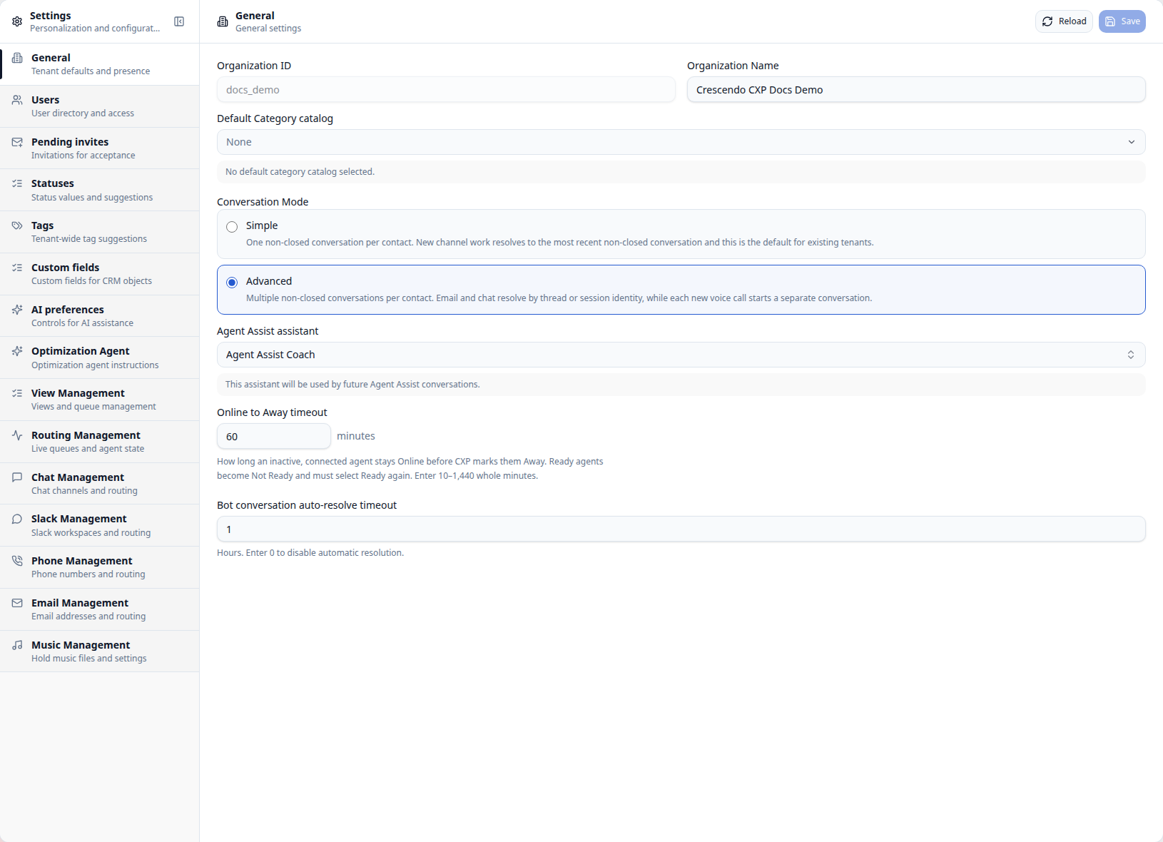 CXP Settings General page showing the Online to Away timeout in minutes