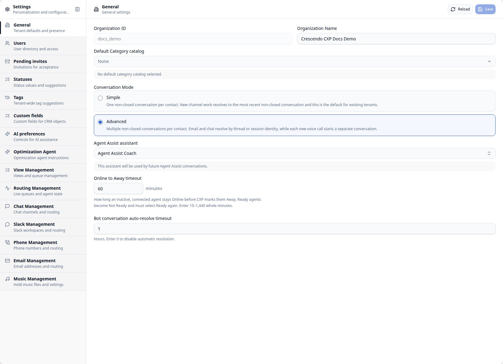 CXP Settings General page showing the Online to Away timeout in minutes