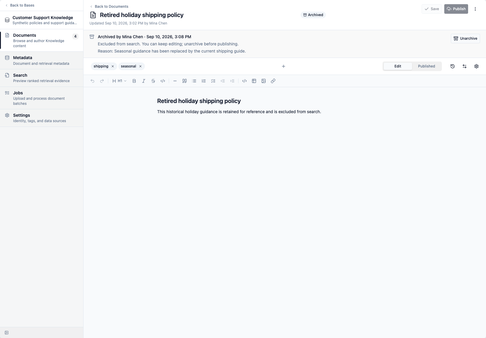 Archived Knowledge document showing archive details and the Unarchive action